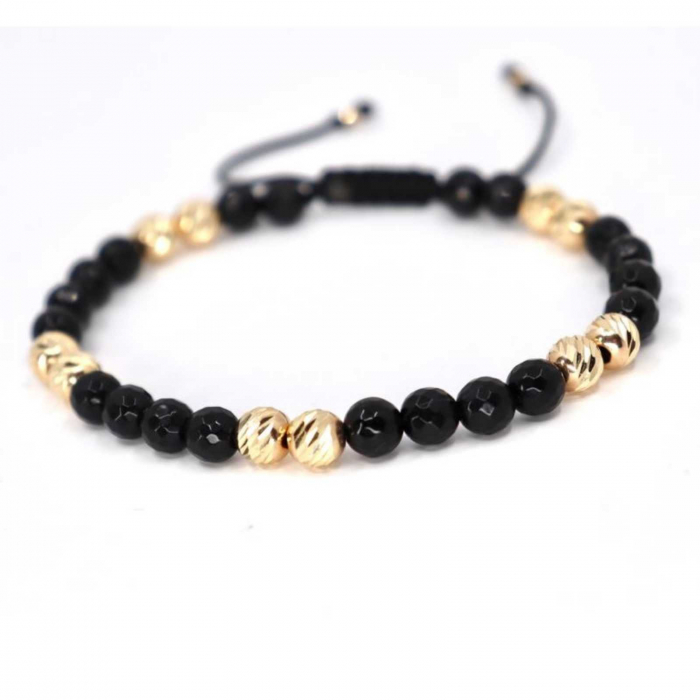 Brățară cu bile de aur 14K, Onix negru fațetat 6 mm, șnur reglabil [6]