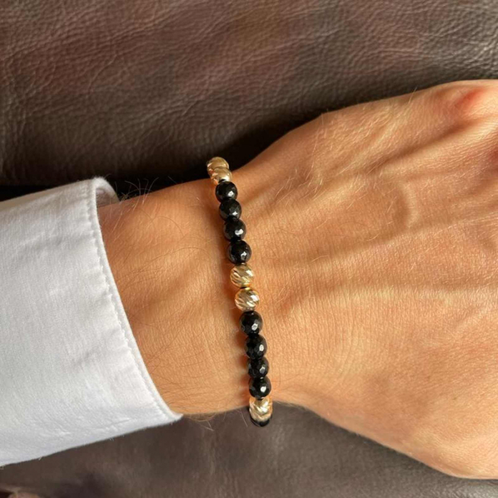 Brățară cu bile de aur 14K, Onix negru fațetat 6 mm, șnur reglabil [2]