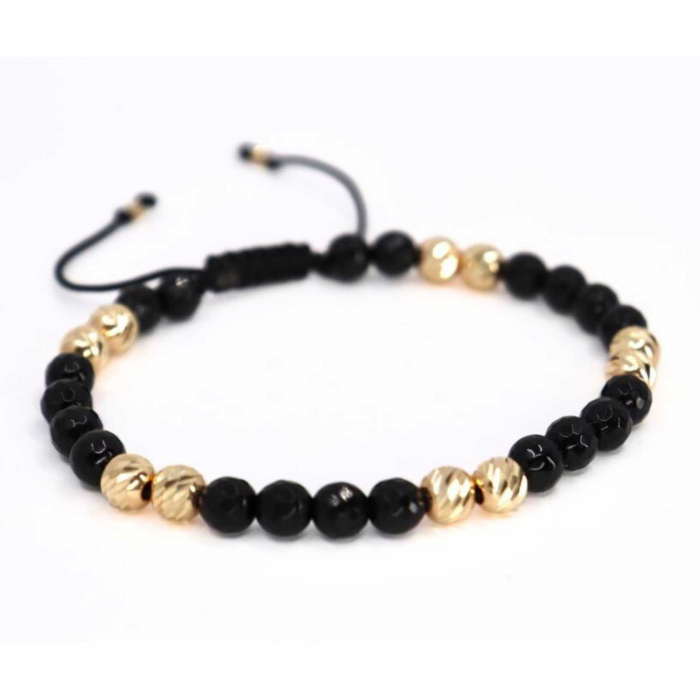 Brățară cu bile de aur 14K, Onix negru fațetat 6 mm, șnur reglabil [5]