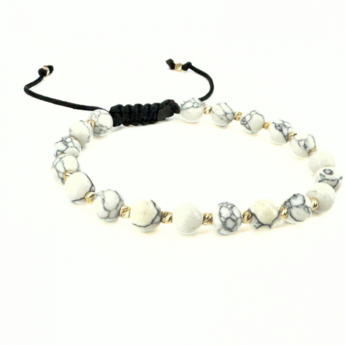 Brățară cu Bile de Aur 14K, Pietre Naturale Howlit Alb 6 mm, Șnur Reglabil [2]