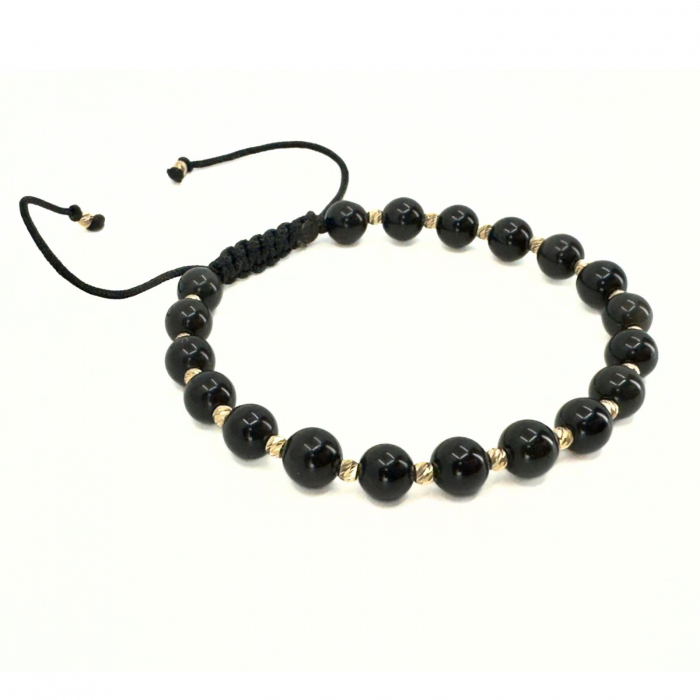 Brățară cu Bile de Aur 14K, Pietre Naturale Onix Negru Lucios 6 mm, Șnur Reglabil [2]