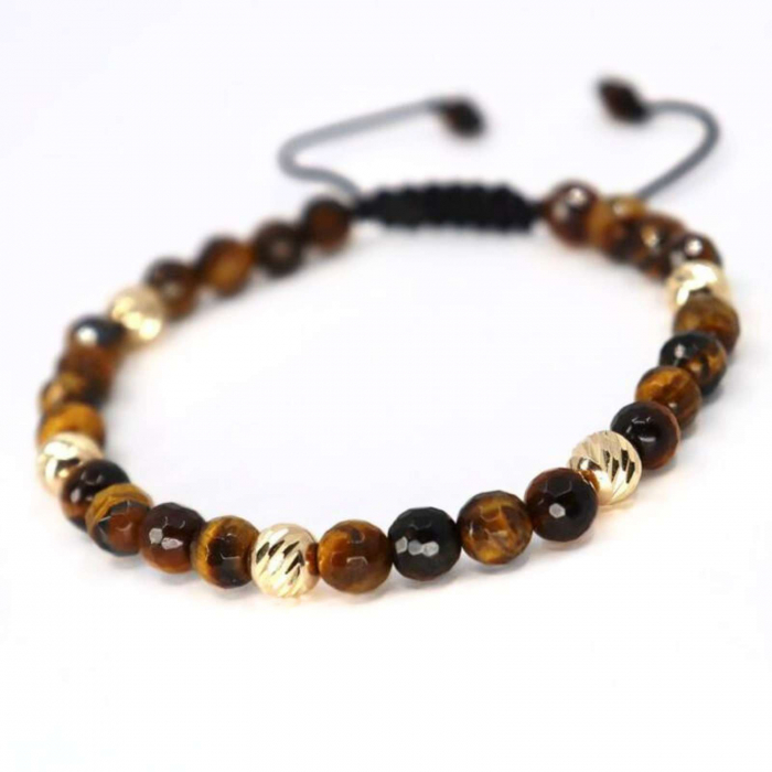 Brățară cu bile de aur 14K, pietre Ochi de Tigru 6mm și șnur reglabil [4]