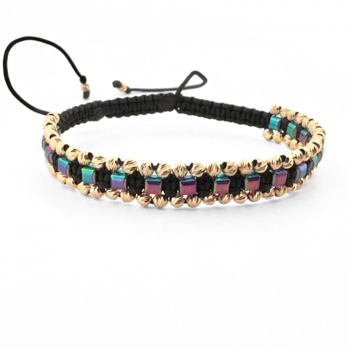 Brățară cu Bile de Aur 14K și Hematit Cuburi Multicolor, Șnur Reglabil, pentru Damă [2]