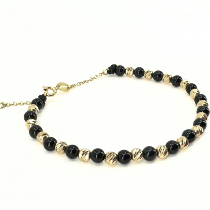 Brățară cu Bile de Aur Damă, Onix și Închizătoare cu Extensie Lanț, Reglabilă [5]