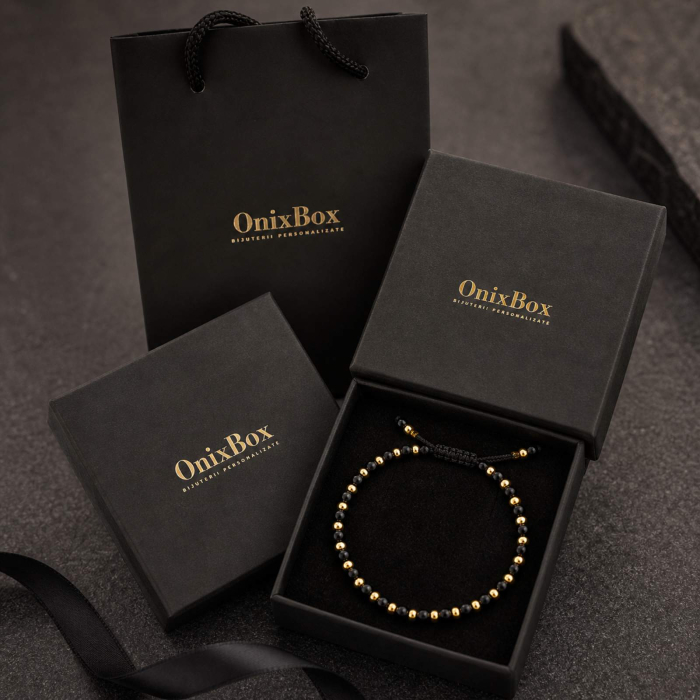 Brățară cu Biluțe Argint Placate cu Aur 18K, Onix Negru 4mm, Șnur Reglabil, Unisex [6]