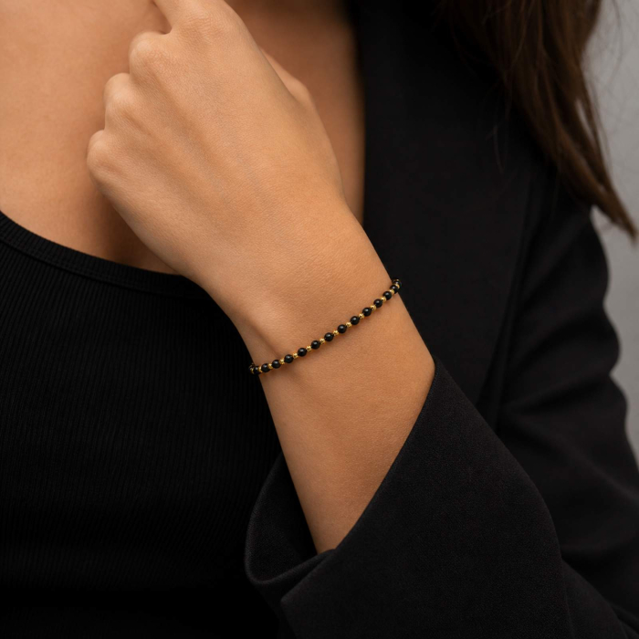 Brățară cu Biluțe Argint Placate cu Aur 18K, Onix Negru 4mm, Șnur Reglabil, Unisex [3]