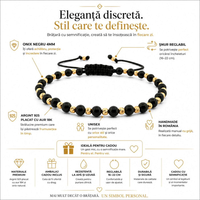 Brățară cu Biluțe Argint Placate cu Aur 18K, Onix Negru 4mm, Șnur Reglabil, Unisex [4]