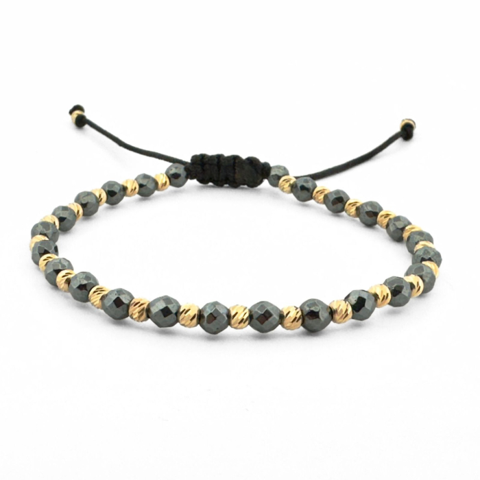Brățară cu Biluțe Argint Placate cu Aur 24K, Hematit Gri Fațetat 4mm, Șnur Reglabil, Unisex [1]