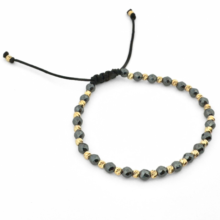 Brățară cu Biluțe Argint Placate cu Aur 24K, Hematit Gri Fațetat 4mm, Șnur Reglabil, Unisex [2]