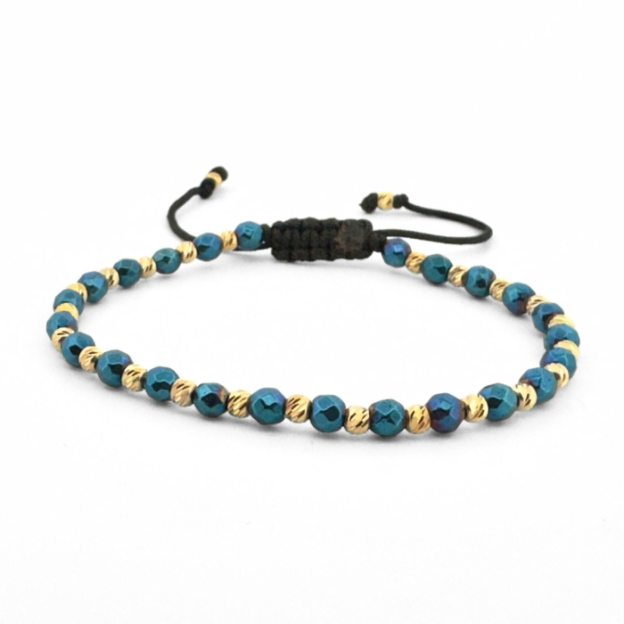 Brățară cu Biluțe Argint Placate cu Aur 24K, Hematit Albastru Fațetat 4mm, Șnur Reglabil, Unisex [1]