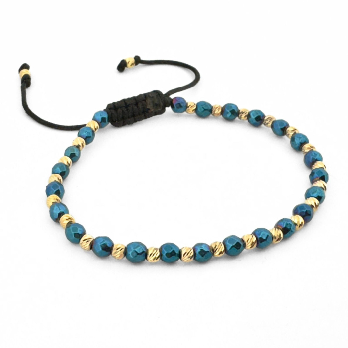 Brățară cu Biluțe Argint Placate cu Aur 24K, Hematit Albastru Fațetat 4mm, Șnur Reglabil, Unisex [2]