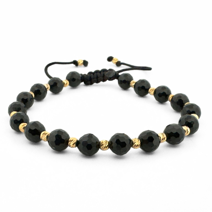 Brățară cu Biluțe Argint Placate cu Aur 24K, Onix Negru Fațetat 6mm, Șnur Reglabil, Unisex [1]