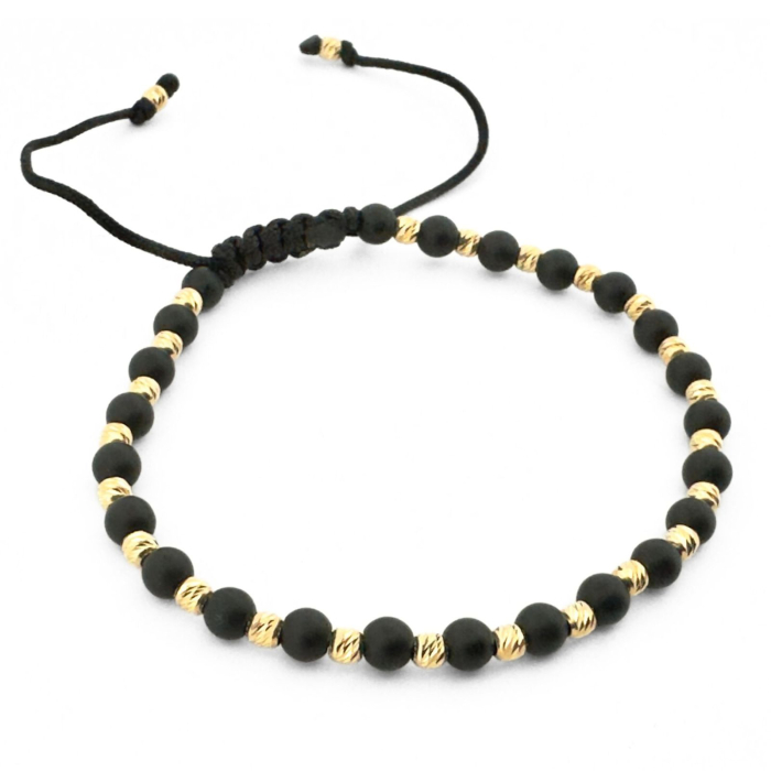 Brățară Onix Negru Mat 4 mm cu Biluțe Argint Placate Aur 14K – Șnur Reglabil Unisex [2]