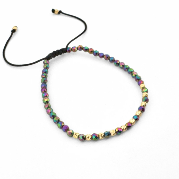 Brățară Damă cu Biluțe de Argint Placate cu Aur 18K, Hematit Multicolor 3mm, Șnur Reglabil [5]