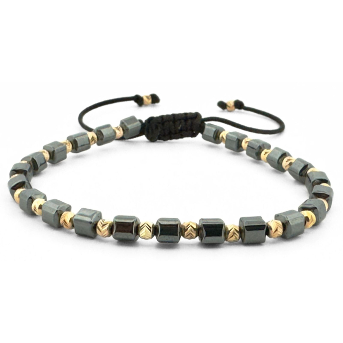 Brățară cu Biluțe de Argint Placate cu Aur 24K - Hematit Cuburi 4mm, Șnur Reglabil, Unisex - Energie, Echilibru & Protecție [1]