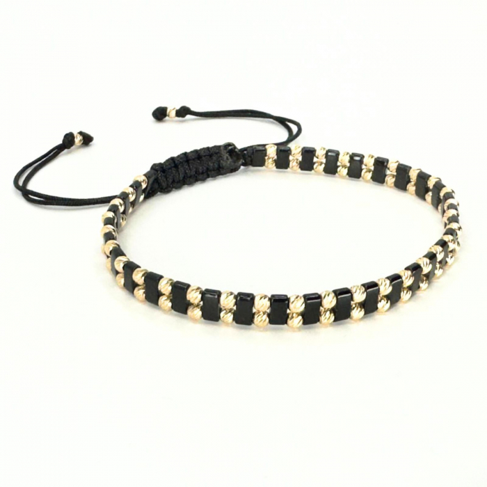 Brățară cu Biluțe de Aur 14K 585. Hematit Negru și Șnur Reglabil, Unisex [2]