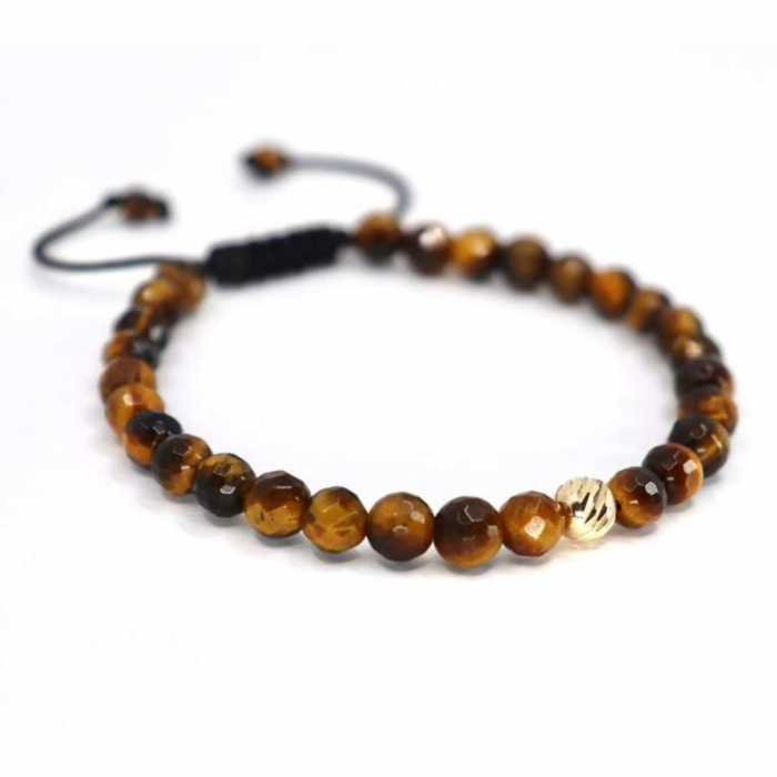 Brățară cu biluțe de aur 14K, pietre Ochi de Tigru 6mm și șnur reglabil [3]
