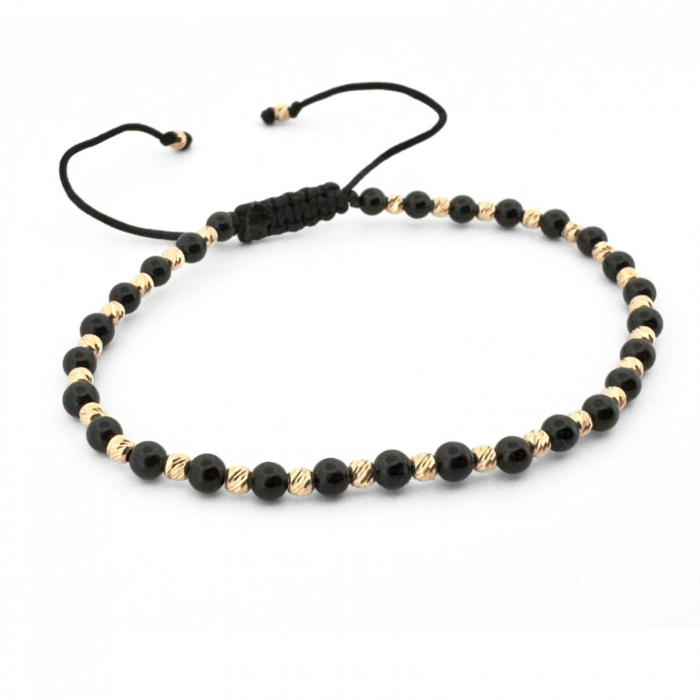 Brățară cu Biluțe de Aur 14K și Pietre Onix 3 mm, Șnur Reglabil [2]
