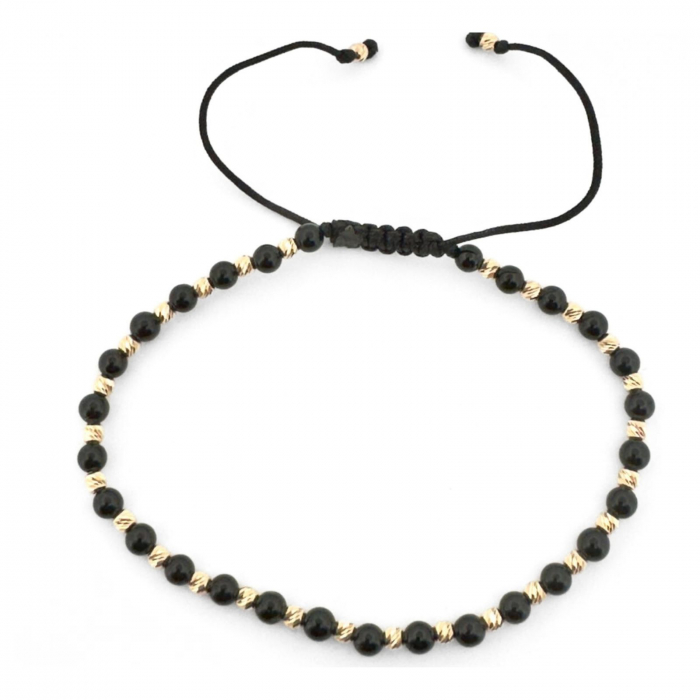 Brățară cu Biluțe de Aur 14K și Pietre Onix 3 mm, Șnur Reglabil [3]