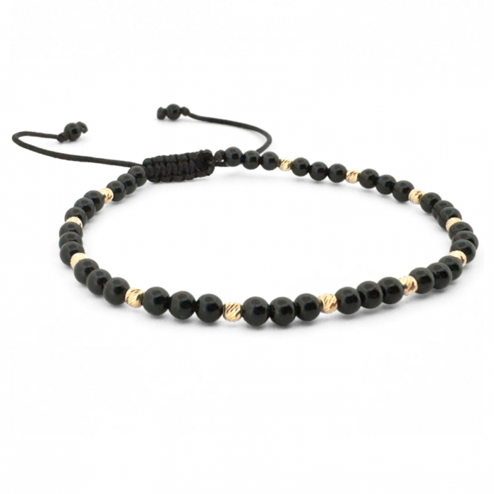 Brățară cu Biluțe de Aur 14K și Pietre Semiprețioase Onix 3 mm, Șnur Reglabil [2]