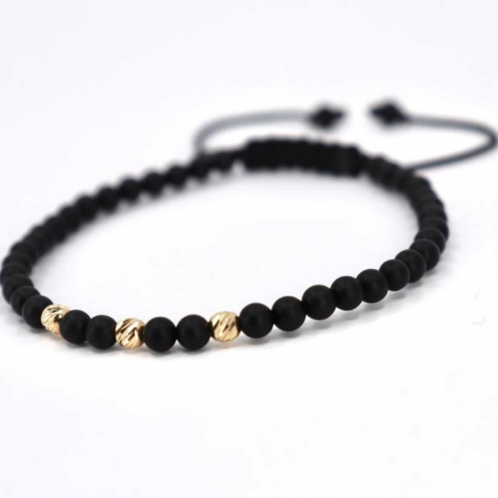 Bratara cu bilute de aur 14K si pietre semipretioase onix 4 mm, snur reglabil [4]