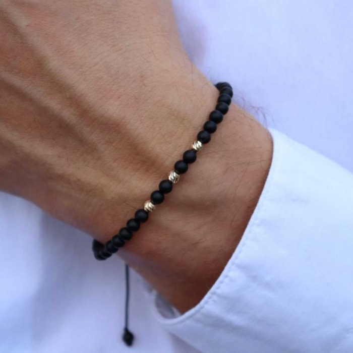 Bratara cu bilute de aur 14K si pietre semipretioase onix 4 mm, snur reglabil [2]