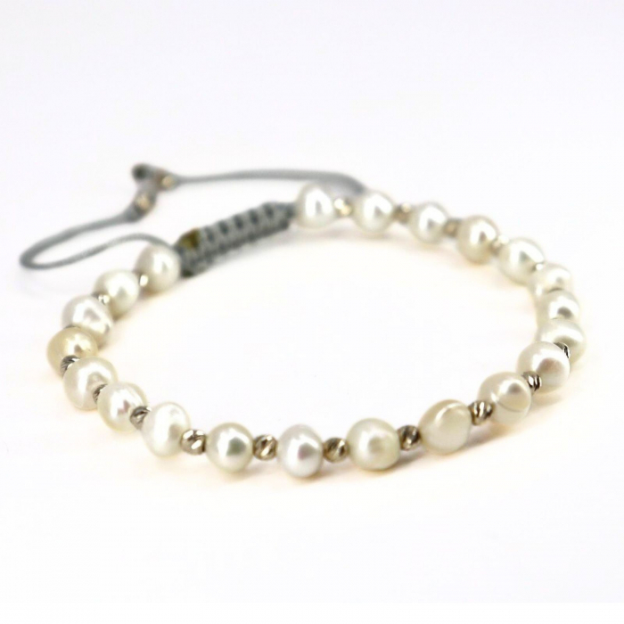 Brățară cu Biluțe de Aur Alb 14K, Perle de Cultură 4.5 mm, Șnur Reglabil [2]
