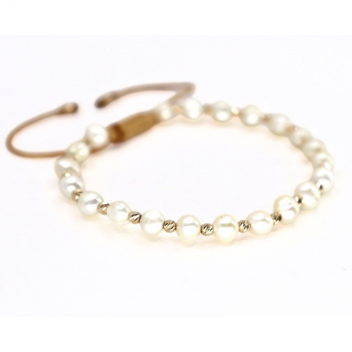Brățară cu Biluțe de Aur Galben 14K, Perle de Cultură 4.5 mm, Șnur Reglabil [2]