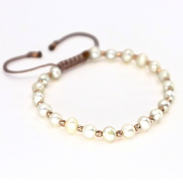 Brățară cu Biluțe de Aur Roz 14K, Perle de Cultură 4.5 mm, Șnur Reglabil [2]