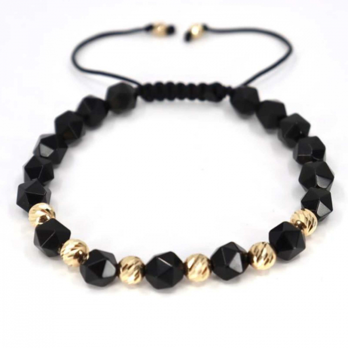 Bratara cu bilute de aur si pietre onix fatetat 8 mm, snur reglabil [5]