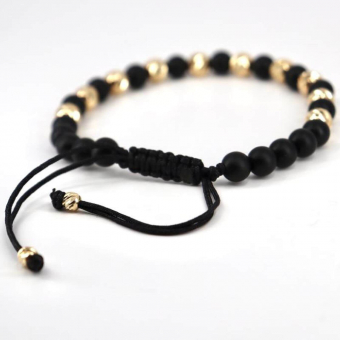 Bratara cu bilute de aur si pietre onix mat 6 mm, snur impletit [3]