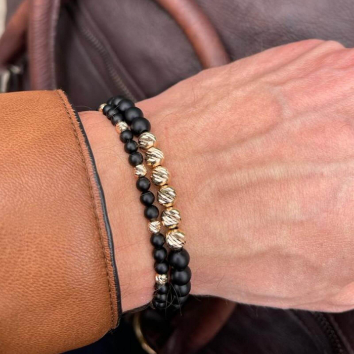 Bratara cu bilute de aur si pietre onix mat 6 mm, snur reglabil [5]