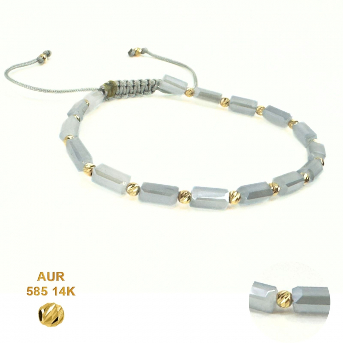 Brățară cu Biluțe din Aur 14K și Cristale Sticlă Dreptunghiulare 4 mm, Șnur Reglabil [9]