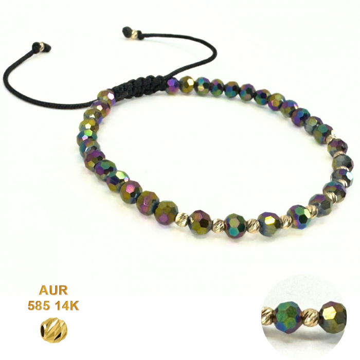 Brățară cu Biluțe din Aur 14K și Cristale Sticlă Multicolore 4 mm, Șnur Reglabil [2]