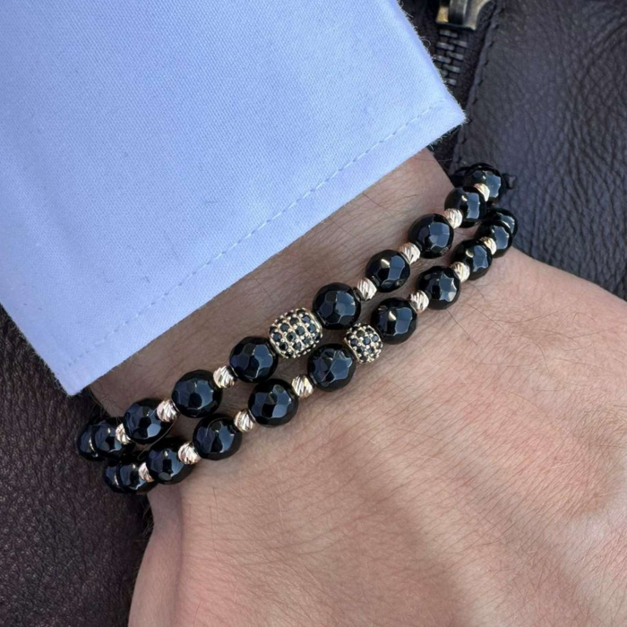 Brățară cu Biluțe și Charm de Aur 14K, Onix 6 mm și Șnur Reglabil [3]