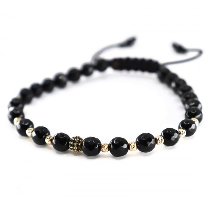 Brățară cu Biluțe și Charm de Aur 14K, Onix 6 mm și Șnur Reglabil [4]