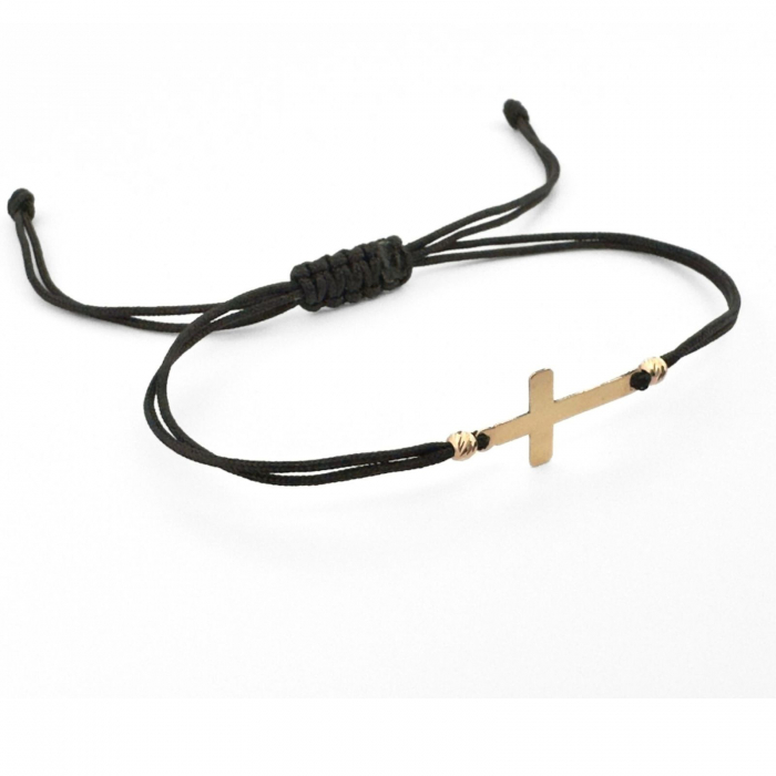 Brățară cu Biluțe și Cruciuliță din Aur 14K Personalizată, Șnur Reglabil [2]