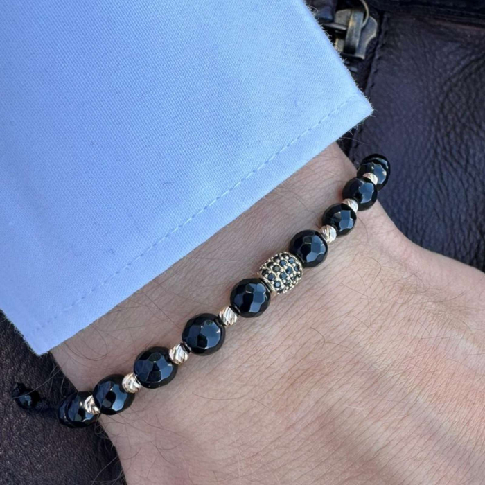 Brățară cu Charm și Biluțe de Aur 14K, Onix 6 mm și Șnur Reglabil [2]