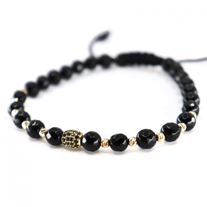 Brățară cu Charm și Biluțe de Aur 14K, Onix 6 mm și Șnur Reglabil [4]