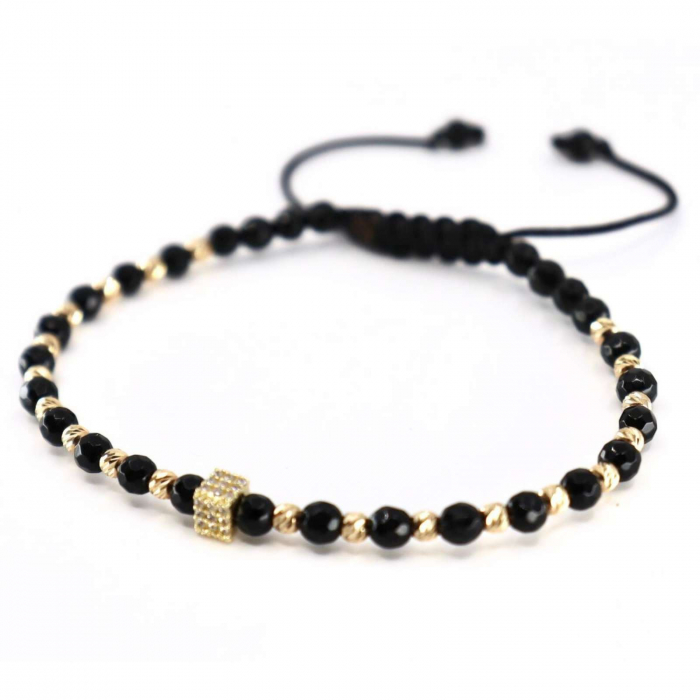 Brățară cu Charm și Biluțe de Aur 14K, Onix și Șnur Reglabil [2]