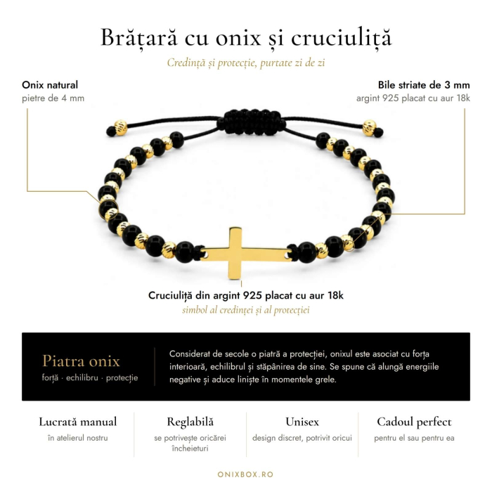 Brățară cu Cruce din Argint 925 Placat cu Aur, Onix Negru și Biluțe din Argint Placat cu Aur – Un Simbol al Eleganței [3]