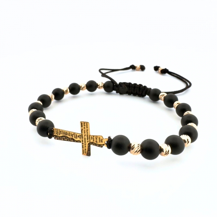 Brățară cu Cruciuliță Gravată Tatăl Nostru și Bile de Aur 14K, Onix 4 mm și Șnur Reglabil [2]