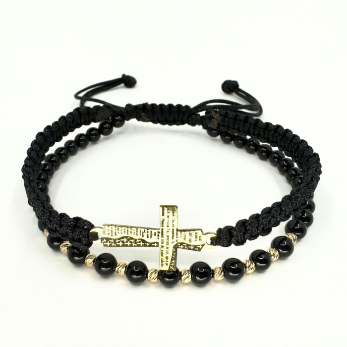 Brățară cu Cruciuliță Gravată Tatăl Nostru și Biluțe de Aur 14K, Onix 4 mm și Șnur Reglabil [3]