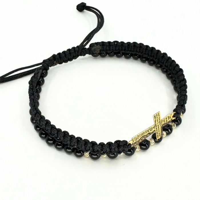 Brățară cu Cruciuliță Gravată Tatăl Nostru și Biluțe de Aur 14K, Onix 4 mm și Șnur Reglabil [2]