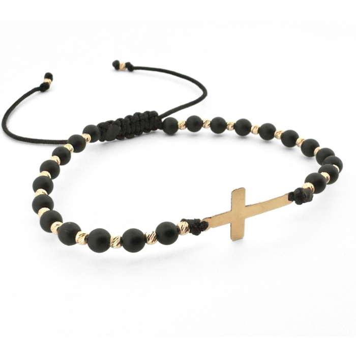 Brățară cu Cruciuliță Personalizată și 24 Biluțe din Aur 14K, Pietre Naturale Onix, Șnur Reglabil [2]