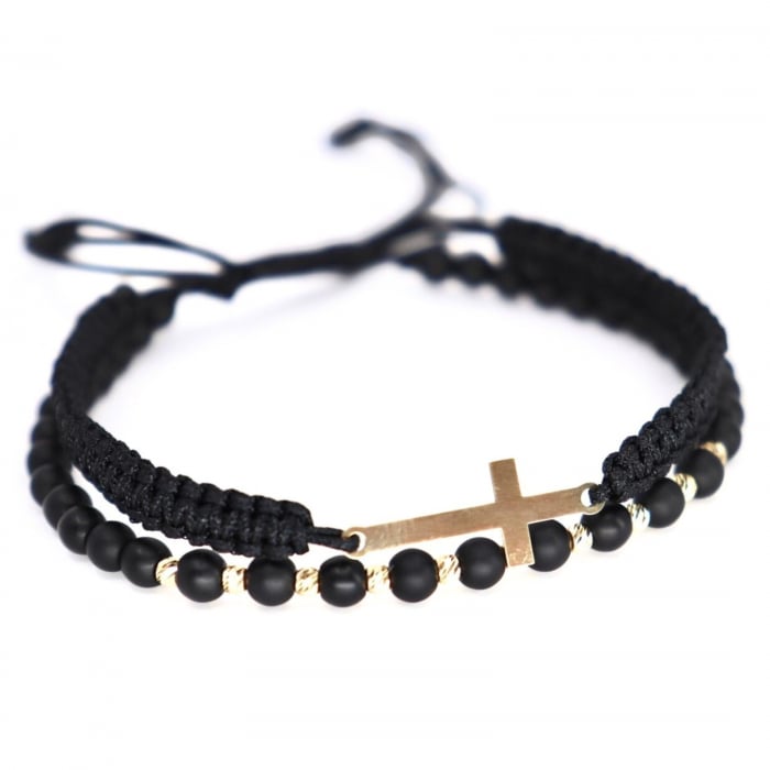 Brățară cu Cruciuliță și Biluțe de Aur 14K, Onix 4 mm și Șnur Reglabil [3]