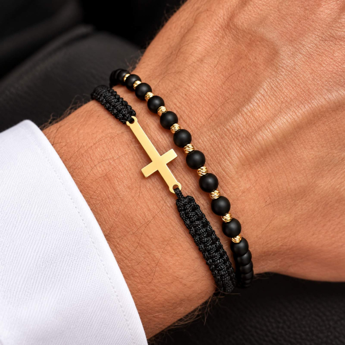 Brățară cu Cruciuliță și Biluțe de Aur 14K, Onix 4 mm și Șnur Reglabil [2]