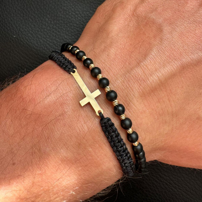 Brățară cu Cruciuliță și Biluțe de Aur 14K, Onix 4 mm și Șnur Reglabil [2]
