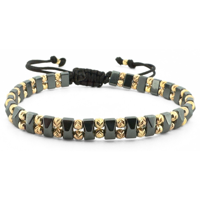 Brățară cu Hematit & Biluțe Argint Placate cu Aur 24K – Șnur Reglabil, Unisex – Energie, Echilibru & Protecție [1]