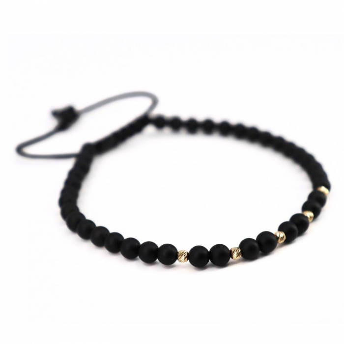 Brățară cu Onix Negru și Bile de Aur 14K, Șnur Reglabil [2]